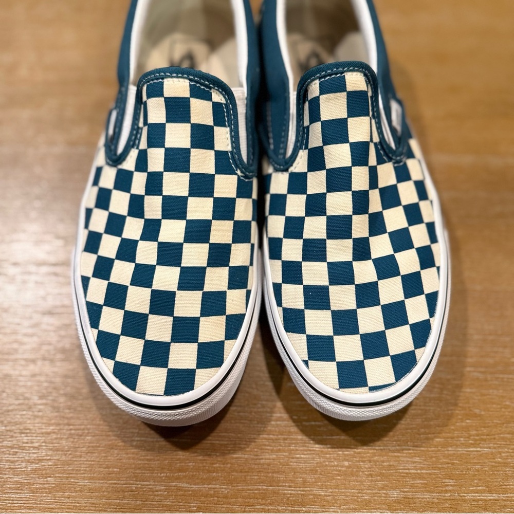 Vans Classic Slip-On Checkerboard Teal Blue Cream White Skater Sz M 7.5 / W 9 - Picture 2 of 10